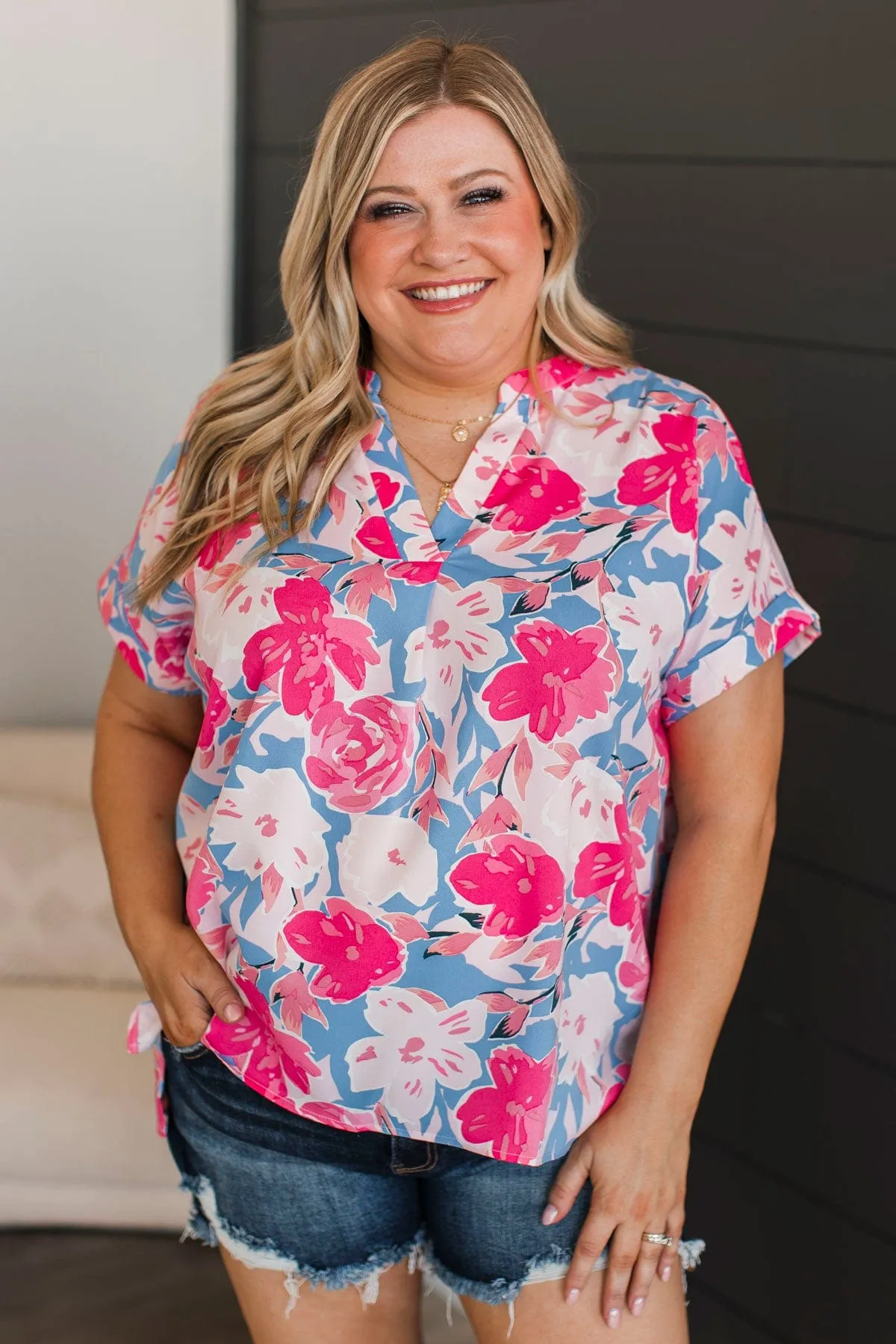 On My Own Time Floral Blouse in Fuchsia & Blue Colors