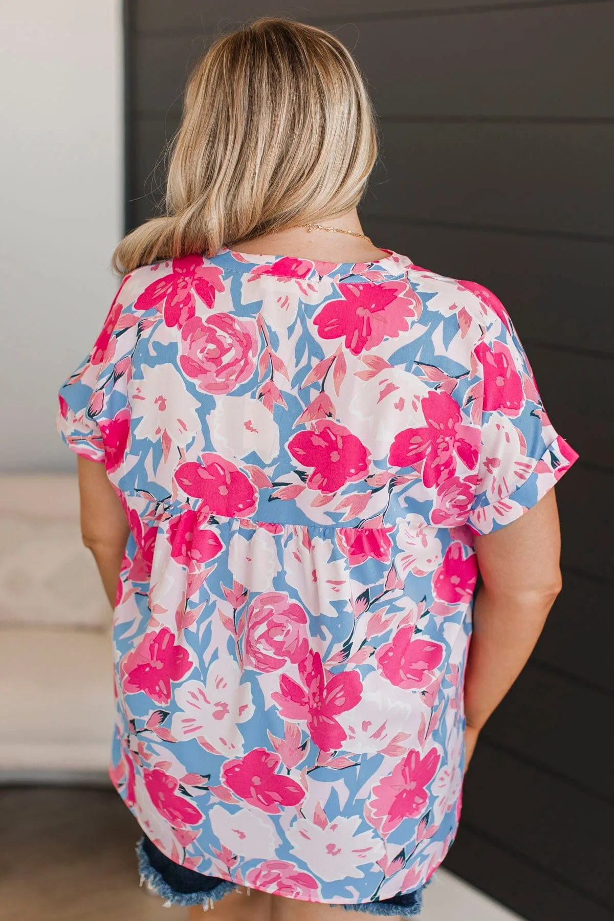 On My Own Time Floral Blouse in Fuchsia & Blue Colors