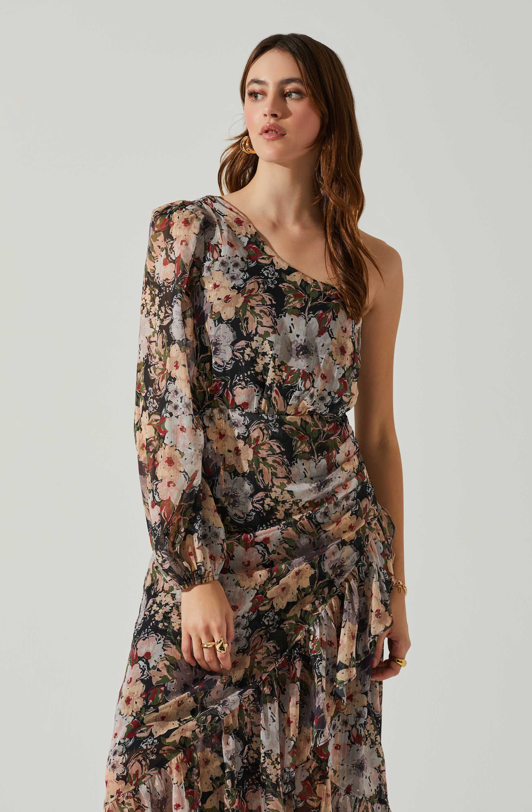 One-shoulder Midi Dress with Floral Print