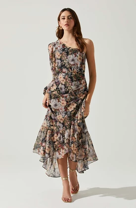 One-shoulder Midi Dress with Floral Print