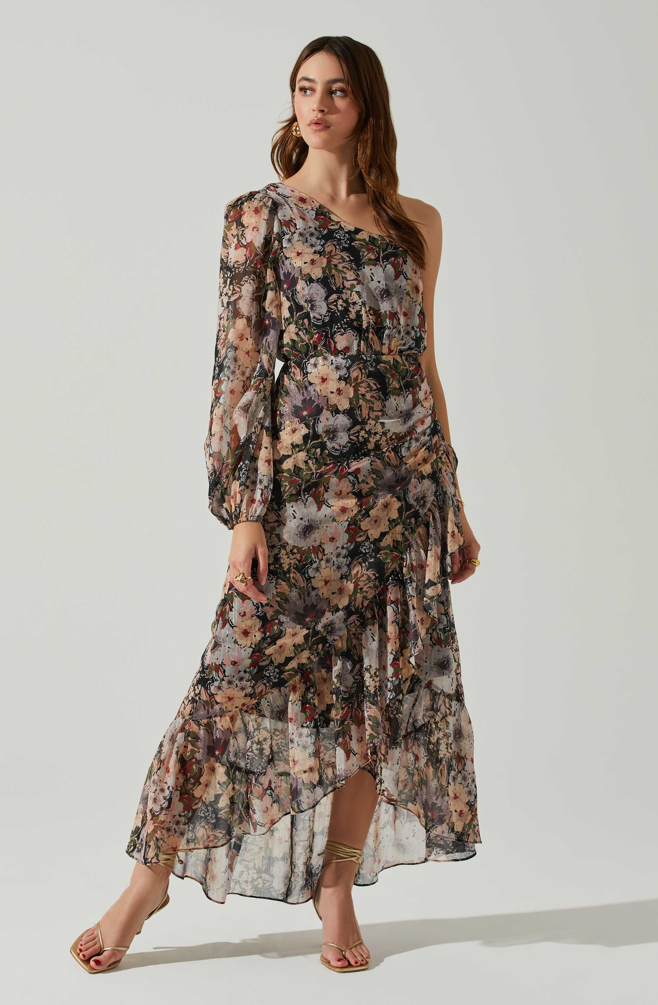 One-shoulder Midi Dress with Floral Print