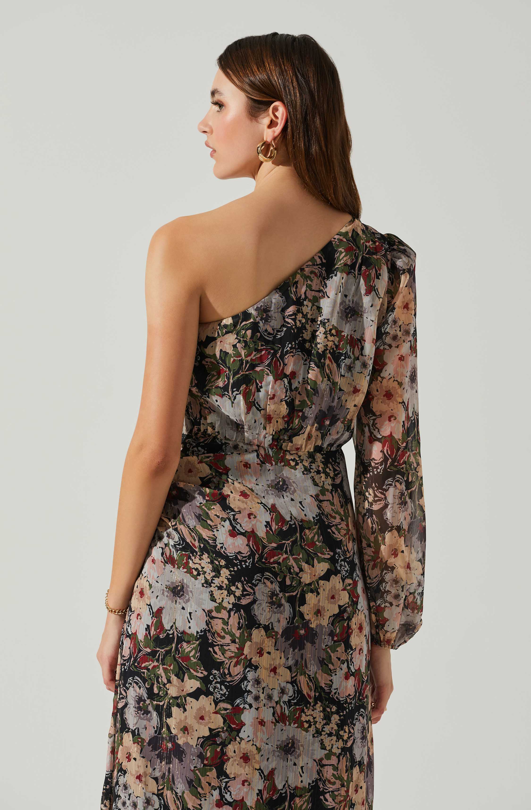 One-shoulder Midi Dress with Floral Print