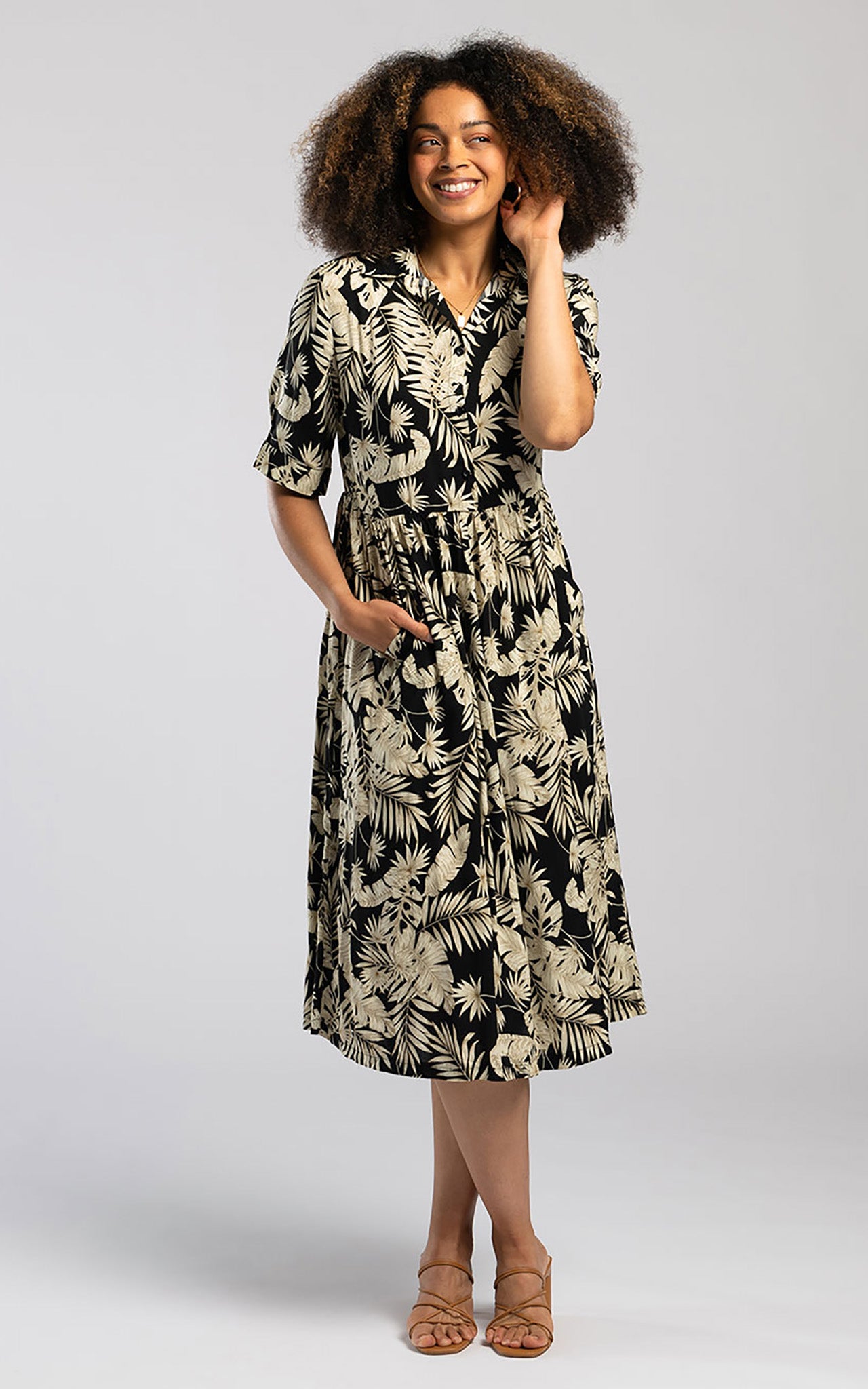 Pentlebay Black Leaf Print Midi Shirt Dress