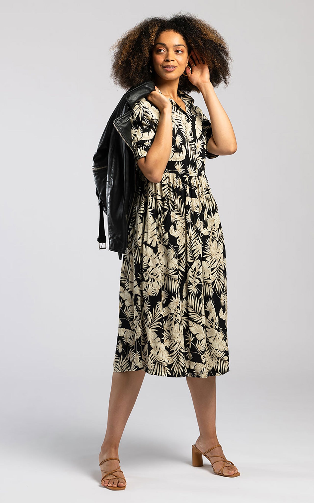 Pentlebay Black Leaf Print Midi Shirt Dress