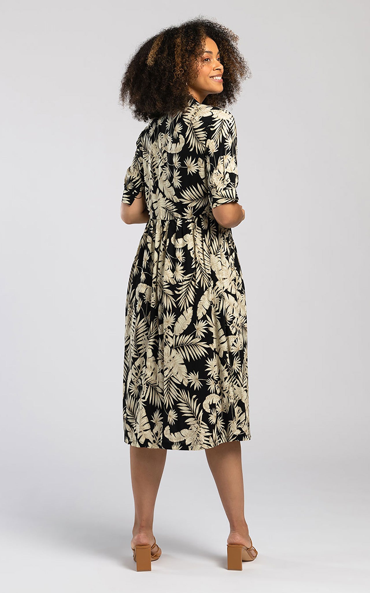 Pentlebay Black Leaf Print Midi Shirt Dress