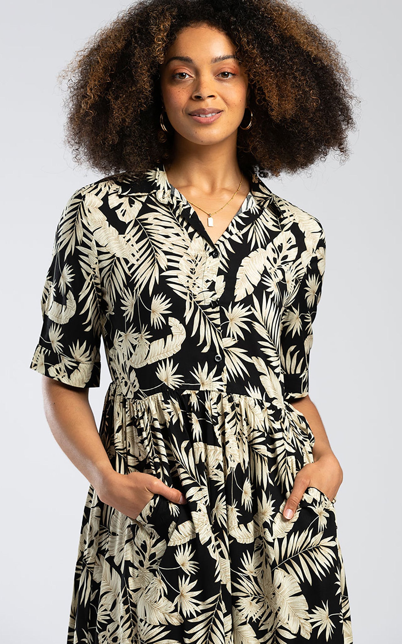 Pentlebay Black Leaf Print Midi Shirt Dress