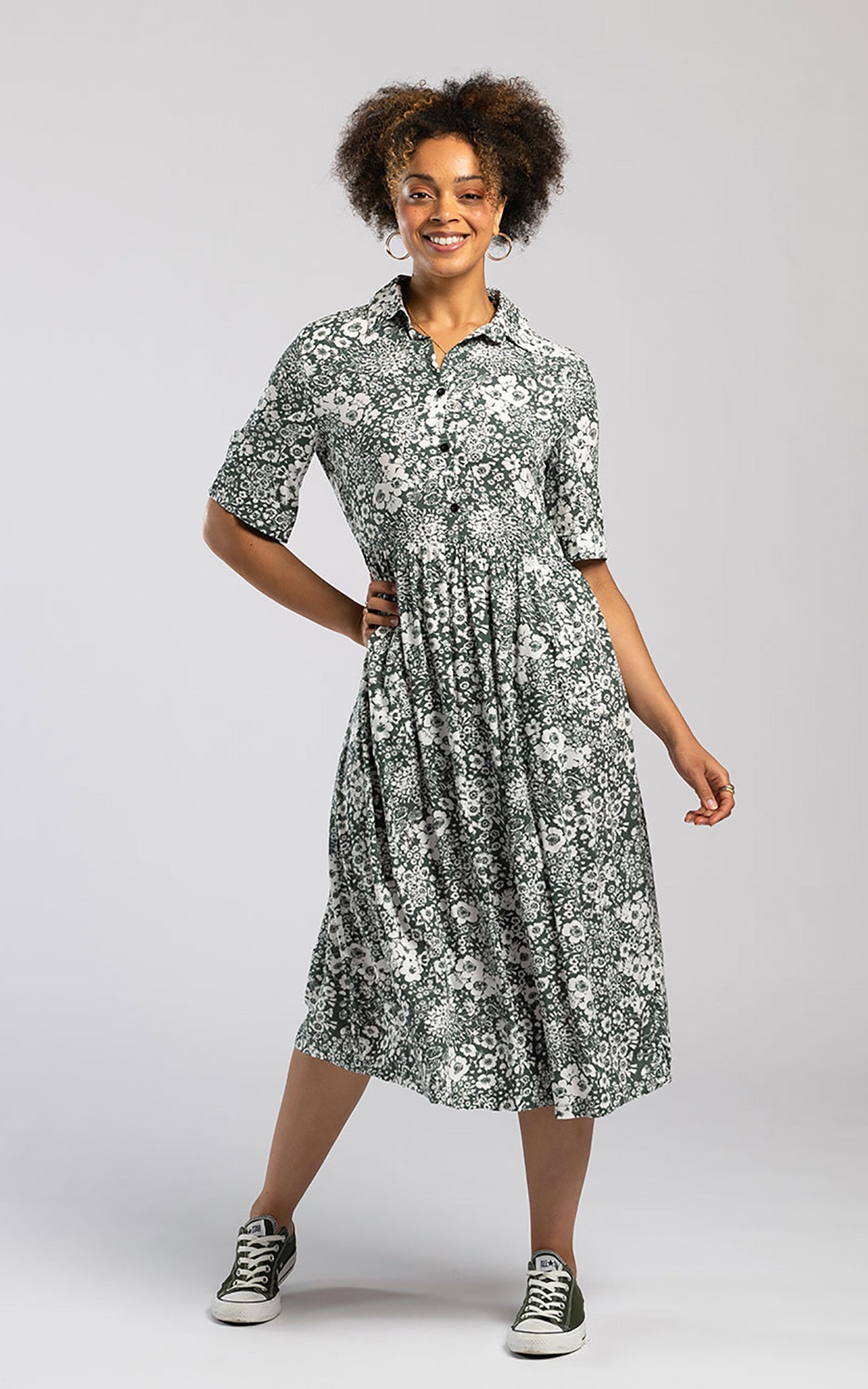 Pentlebay Sage Green Floral Midi Shirt Dress