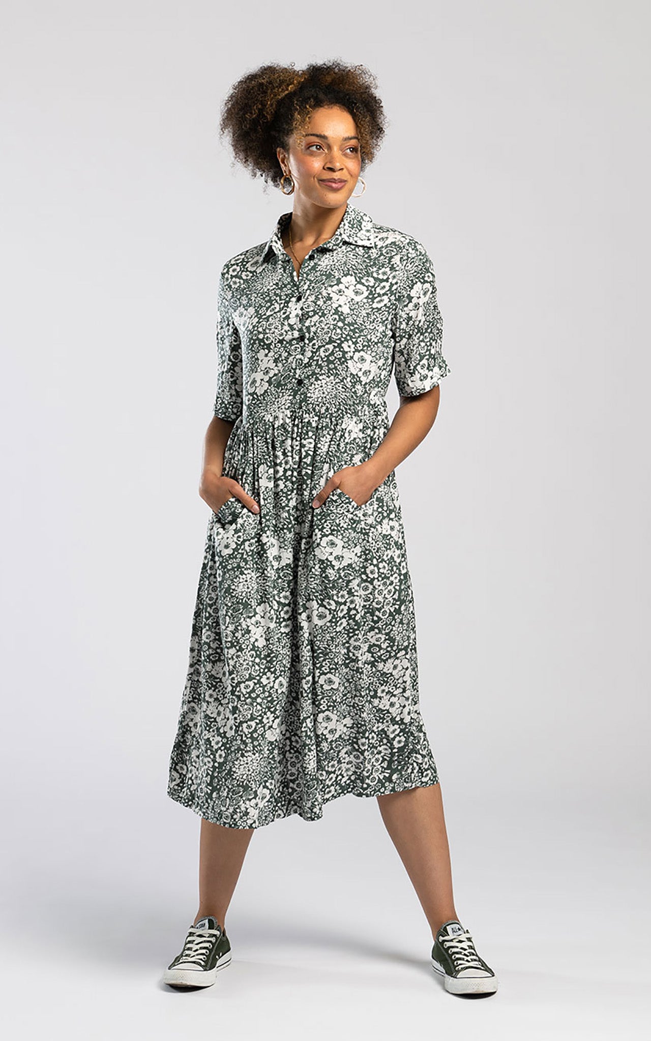 Pentlebay Sage Green Floral Midi Shirt Dress