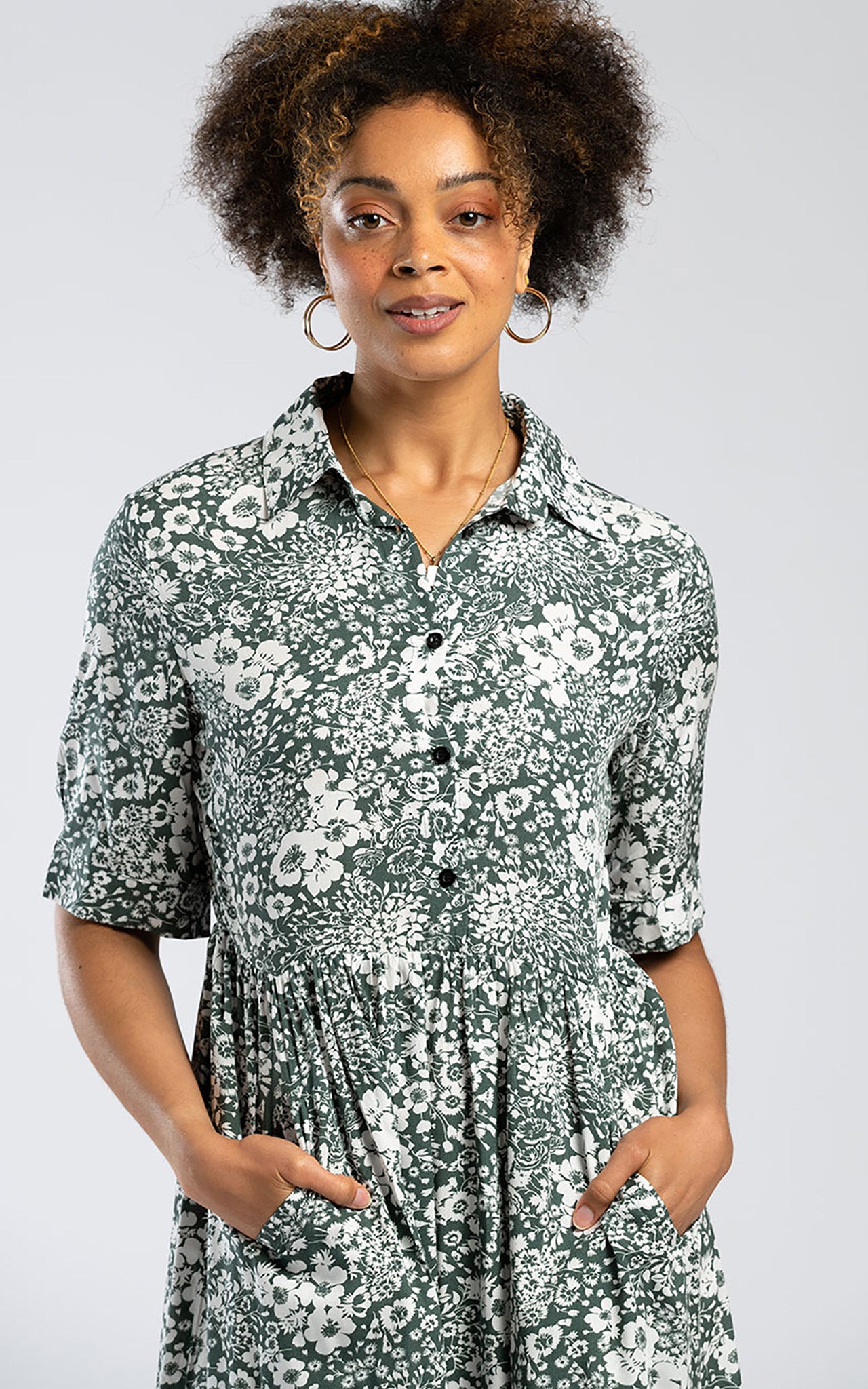 Pentlebay Sage Green Floral Midi Shirt Dress