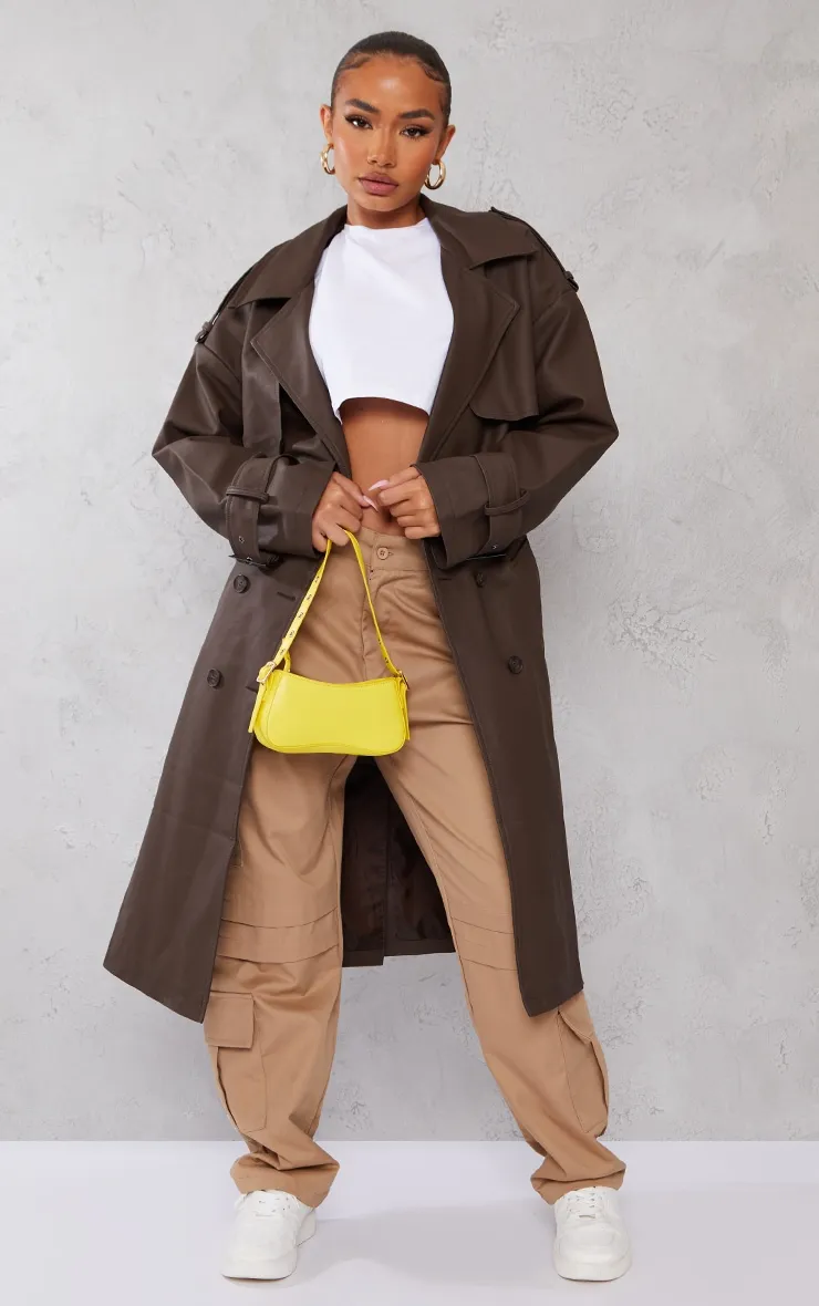 Chocolate Brown Petite Statement Trench Coat with Buckle Detail