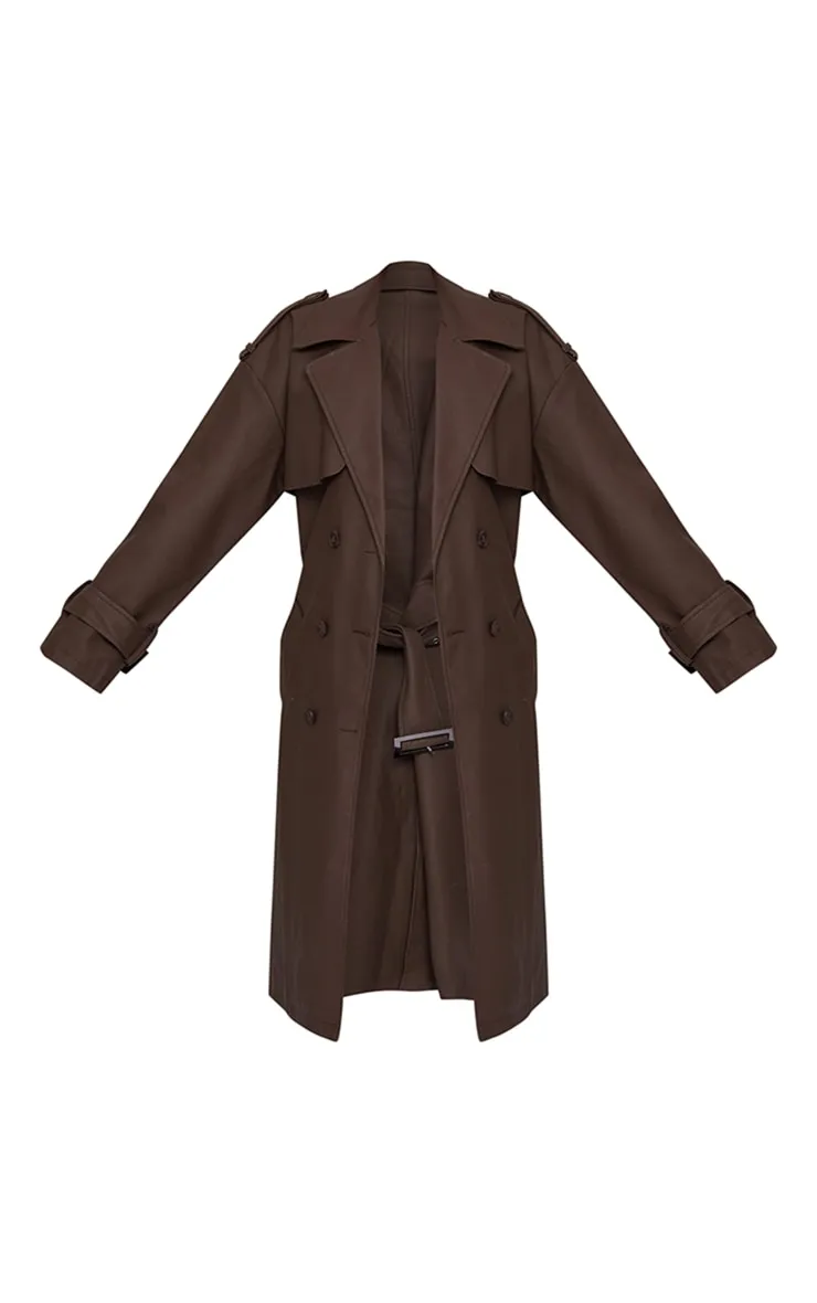 Chocolate Brown Petite Statement Trench Coat with Buckle Detail