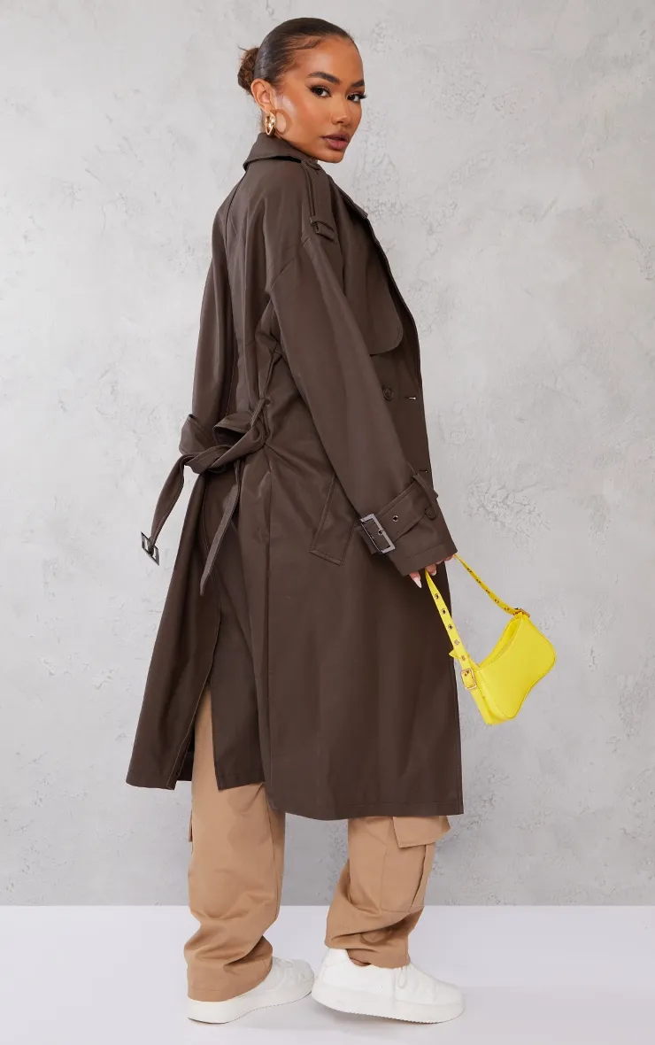 Chocolate Brown Petite Statement Trench Coat with Buckle Detail