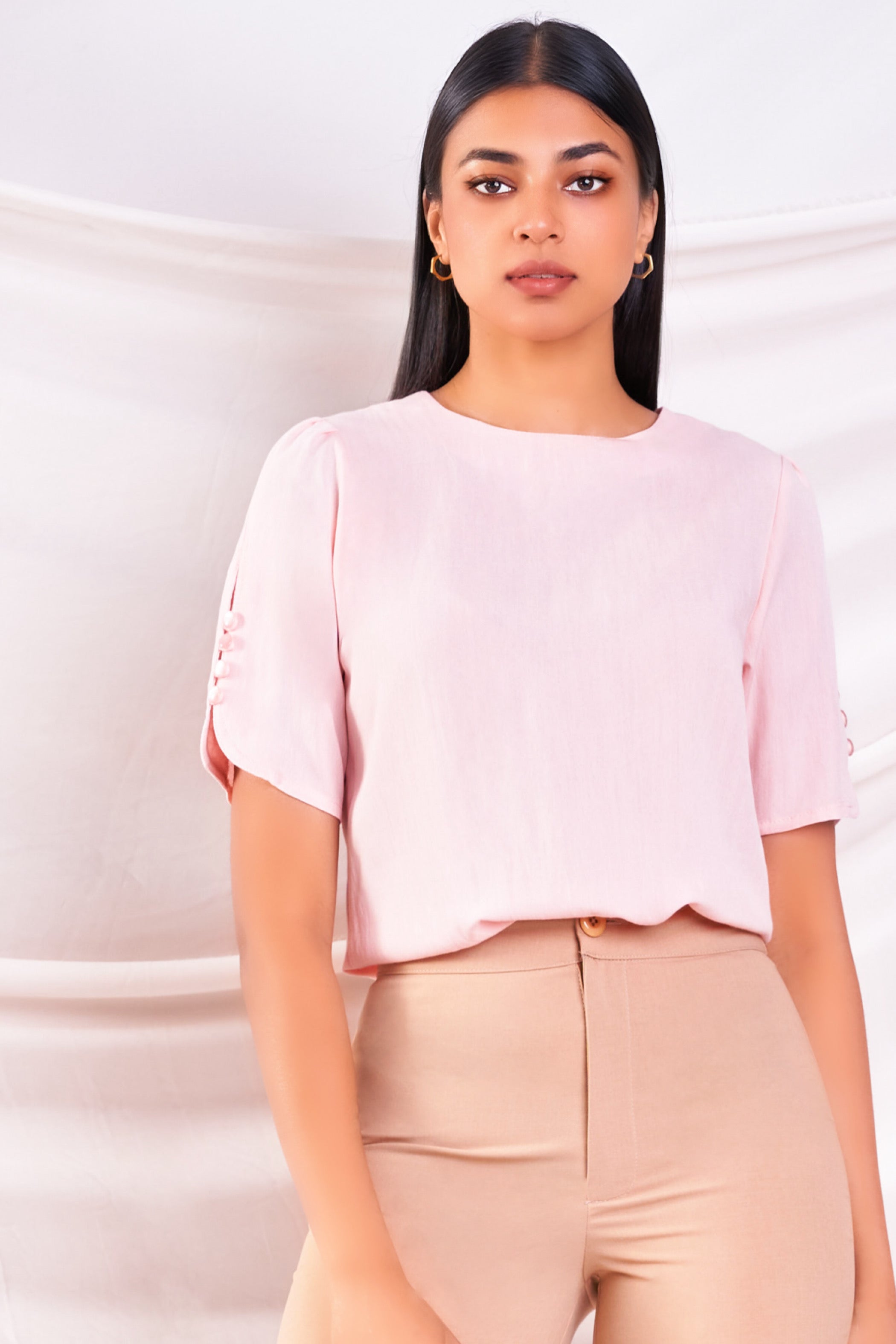 Pink Button Sleeve Detail Blouse