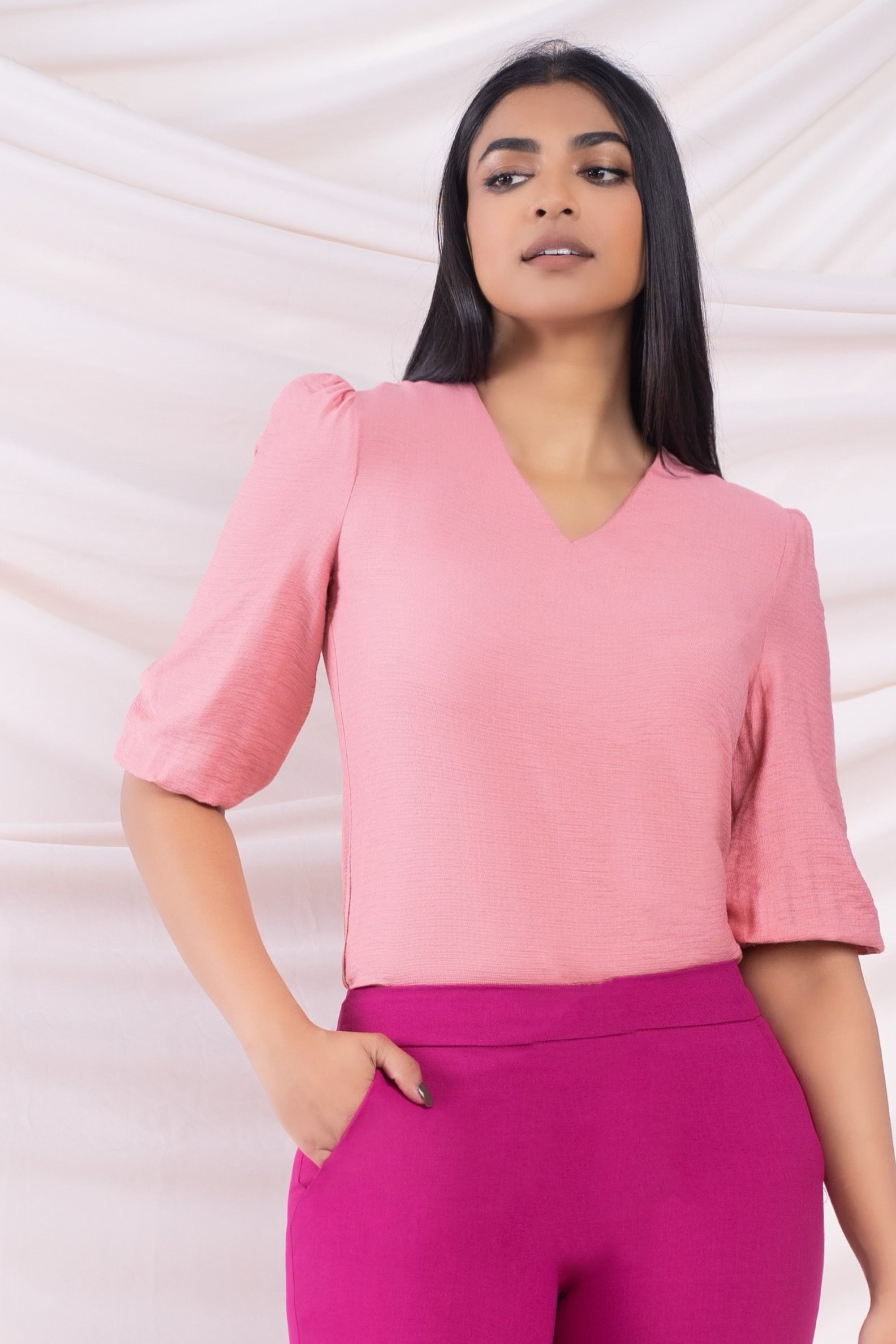 Pink Puff-Sleeve Blouse