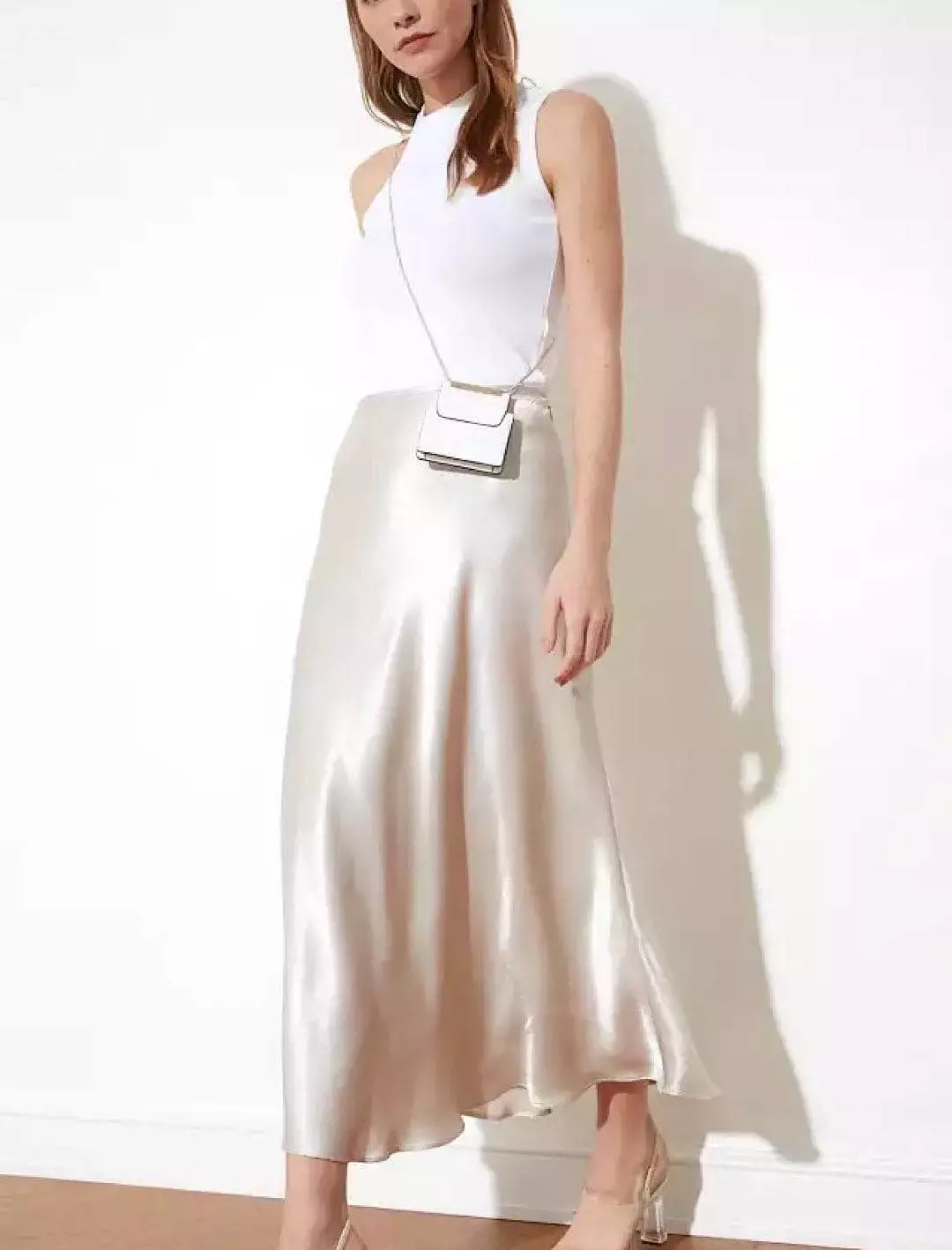 Plain Beige Satin Midi Skirt