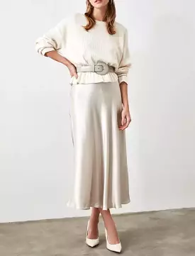 Plain Beige Satin Midi Skirt