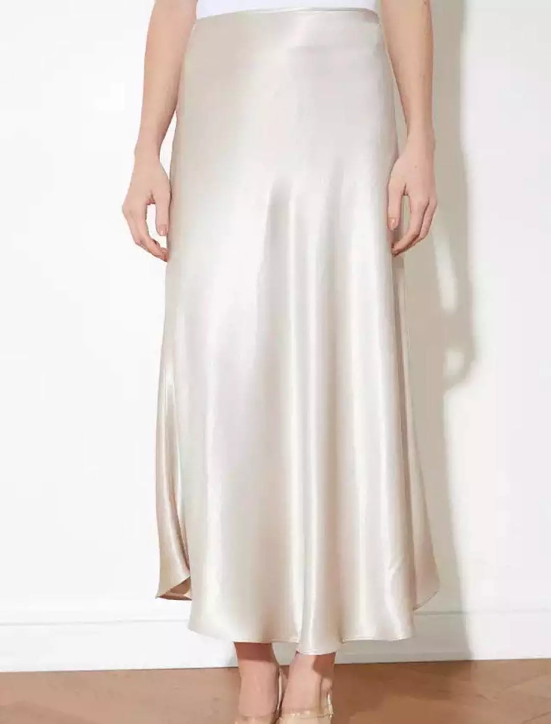 Plain Beige Satin Midi Skirt