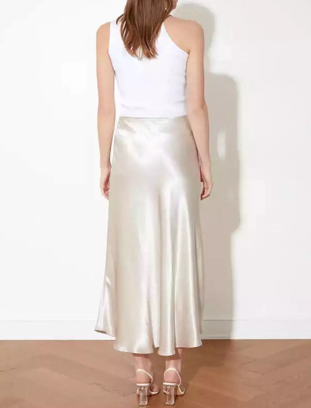 Plain Beige Satin Midi Skirt