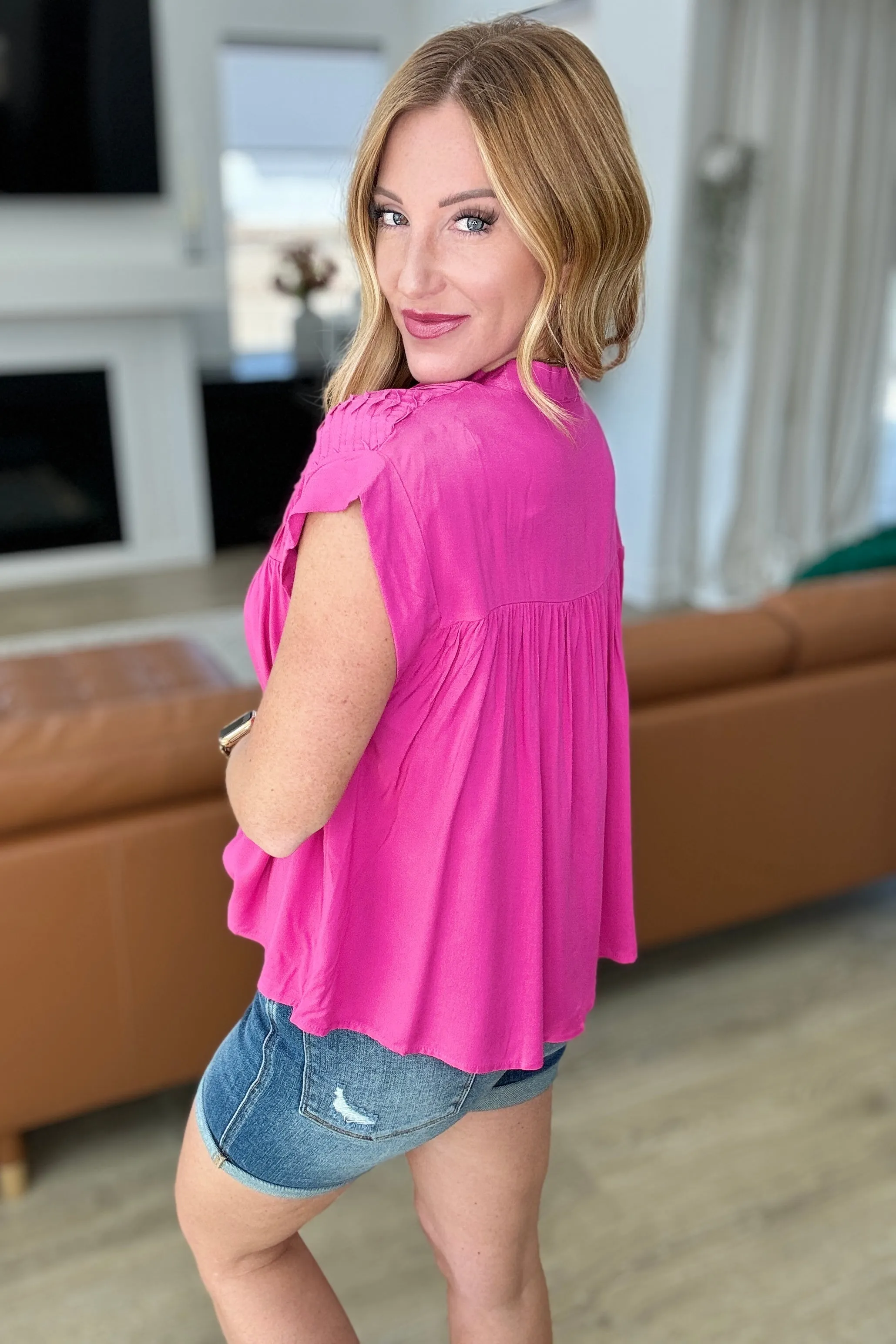 Hot Pink Pleat Detail Button-Up Blouse