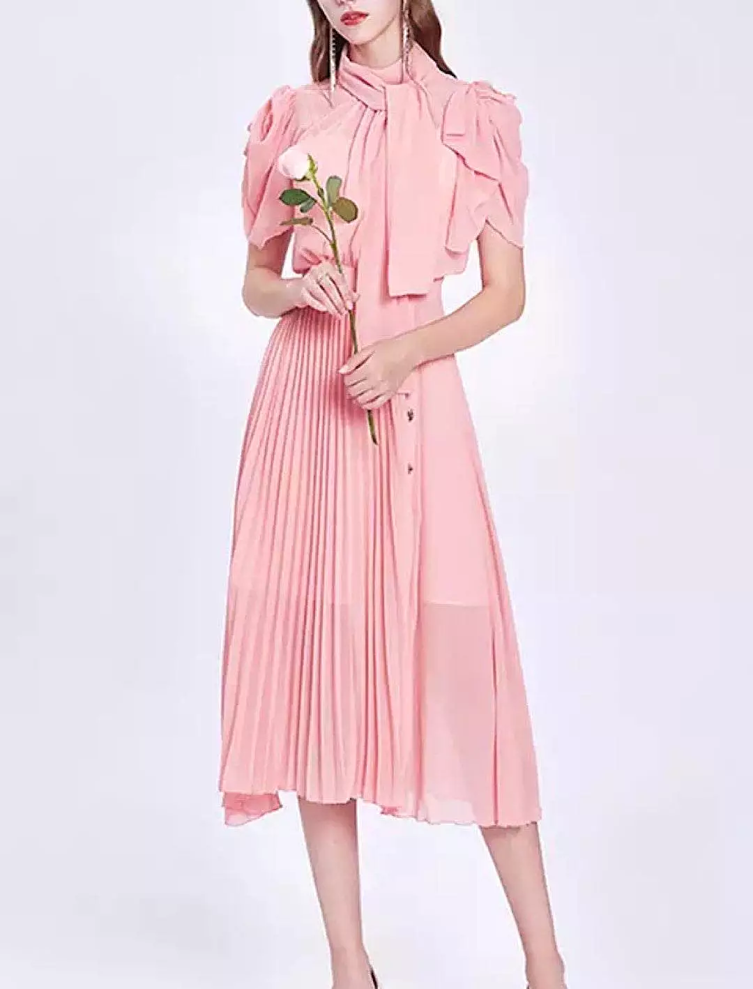 Pleated Chiffon Midi Dress Stand Collar