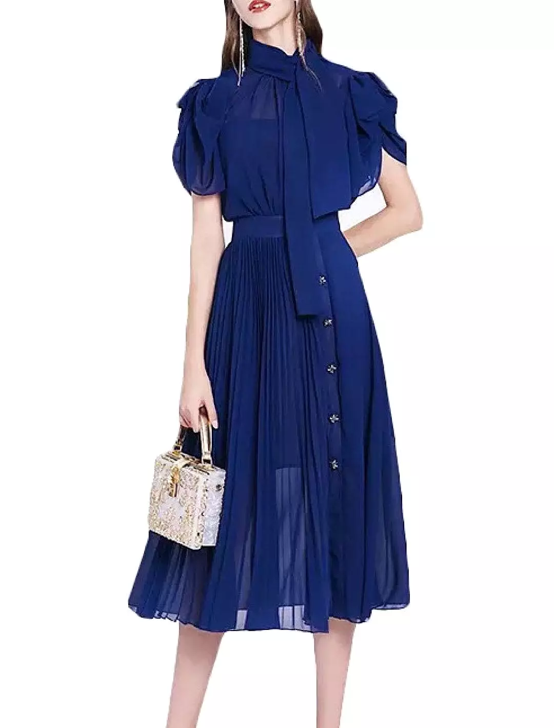 Pleated Chiffon Midi Dress Stand Collar