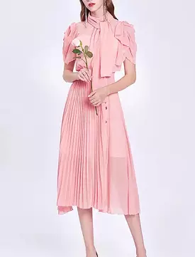 Pleated Chiffon Midi Dress Stand Collar