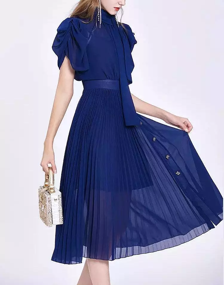 Pleated Chiffon Midi Dress Stand Collar