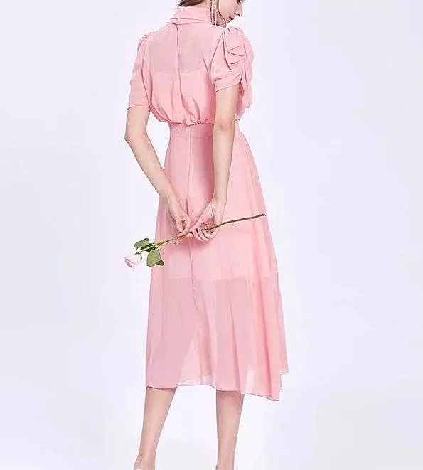 Pleated Chiffon Midi Dress Stand Collar