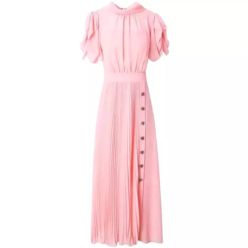 Pleated Chiffon Midi Dress Stand Collar