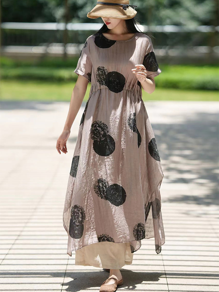 Plus Size Dot Print Loose Dress for Women in 100% Ramie Fiber