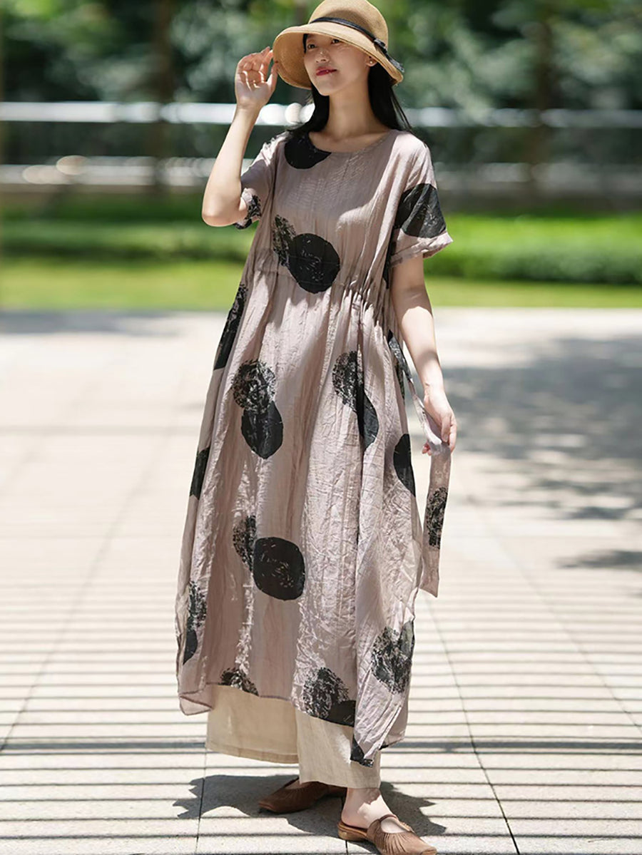 Plus Size Dot Print Loose Dress for Women in 100% Ramie Fiber