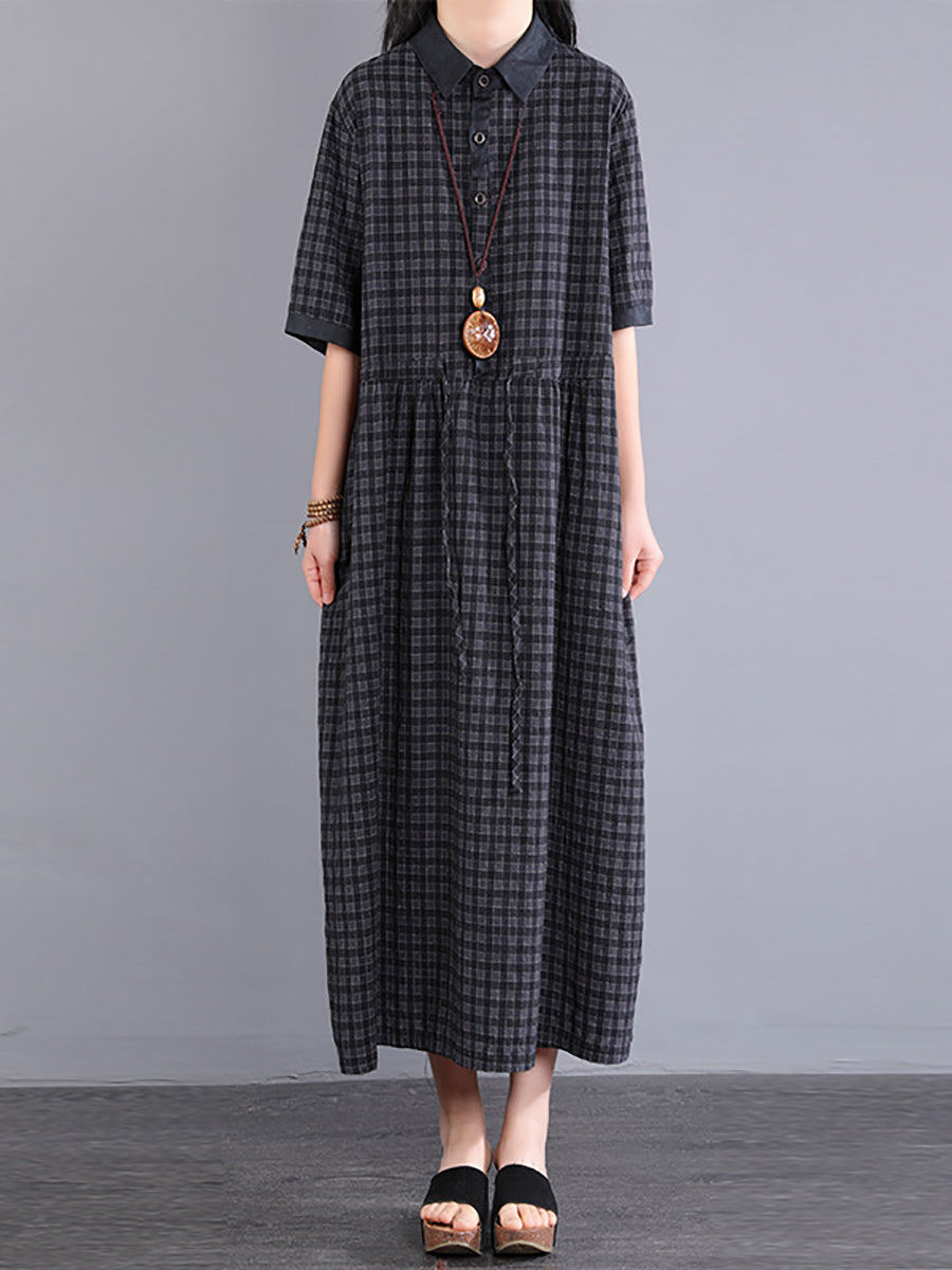 Plus Size Plaid Cotton Linen Dress for Women KL1021