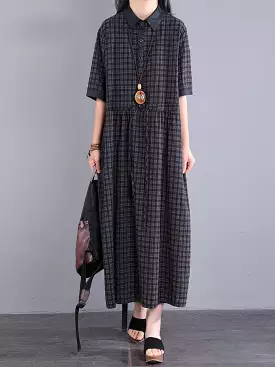 Plus Size Plaid Cotton Linen Dress for Women KL1021