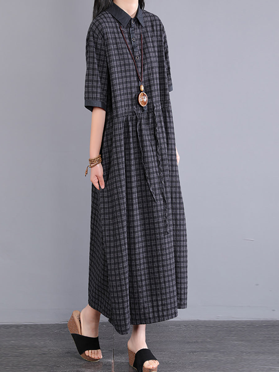 Plus Size Plaid Cotton Linen Dress for Women KL1021