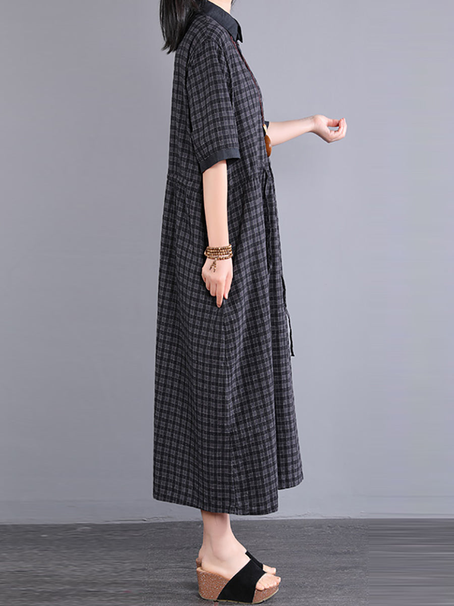 Plus Size Plaid Cotton Linen Dress for Women KL1021