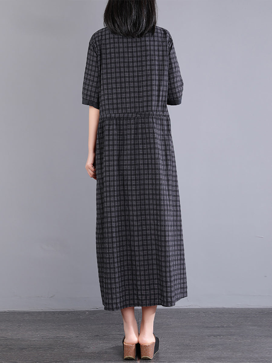 Plus Size Plaid Cotton Linen Dress for Women KL1021