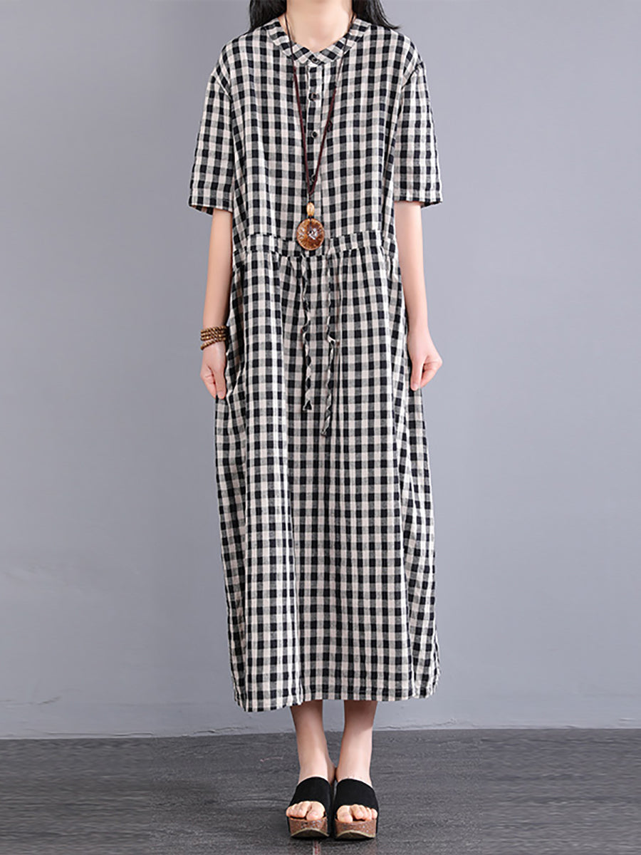 Plus Size Plaid Summer Dress for Women - Cotton Linen SC1061