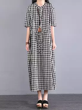 Plus Size Plaid Summer Dress for Women - Cotton Linen SC1061