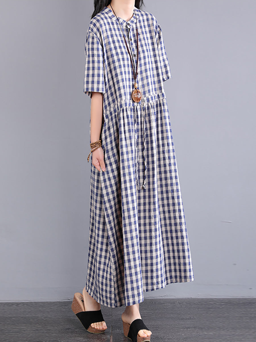 Plus Size Plaid Summer Dress for Women - Cotton Linen SC1061