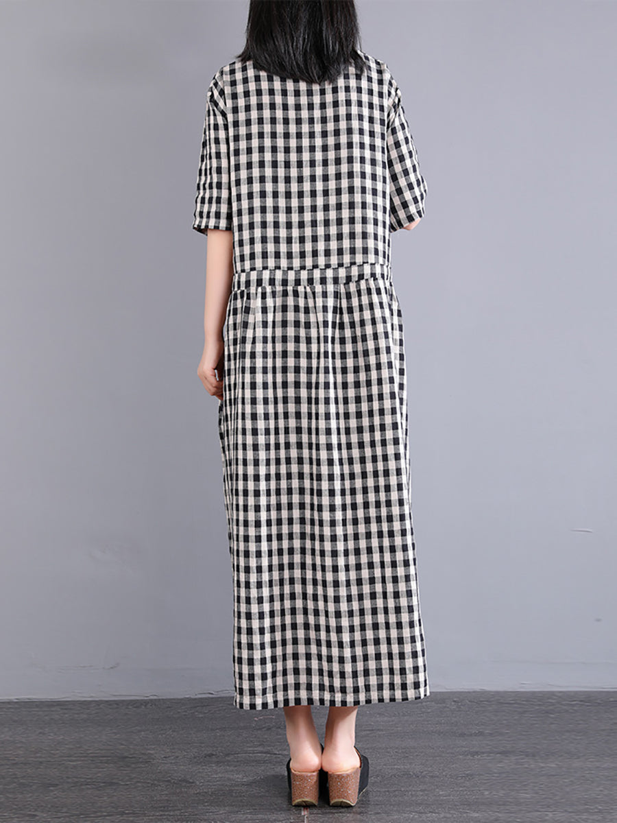 Plus Size Plaid Summer Dress for Women - Cotton Linen SC1061