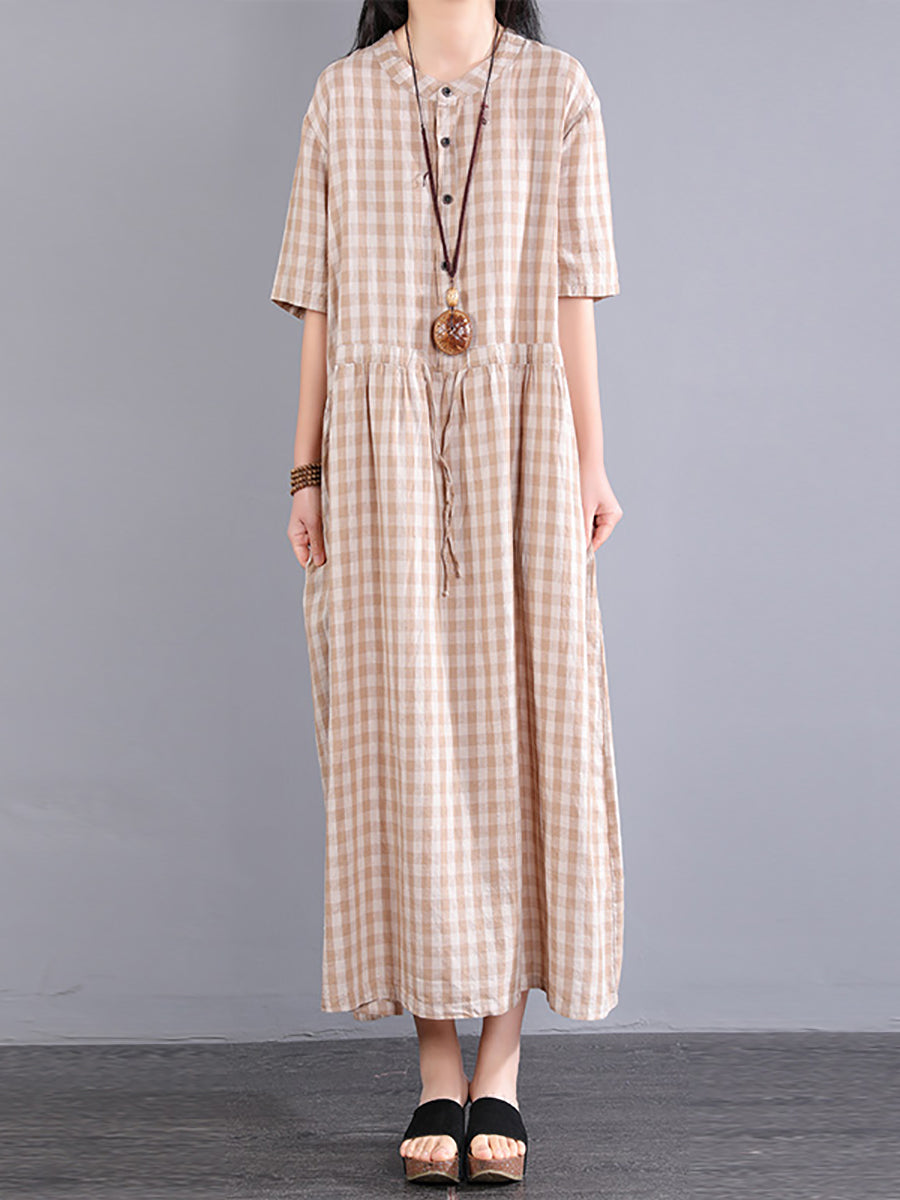 Plus Size Plaid Summer Dress for Women - Cotton Linen SC1061