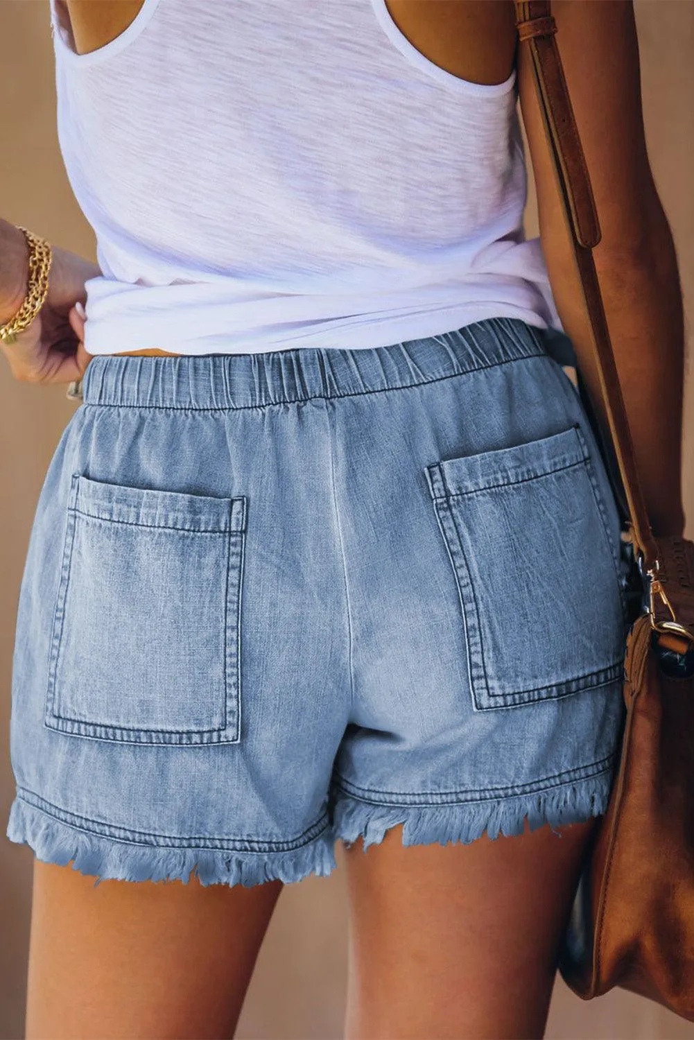 Denim Shorts with Pockets and Distressed Hems