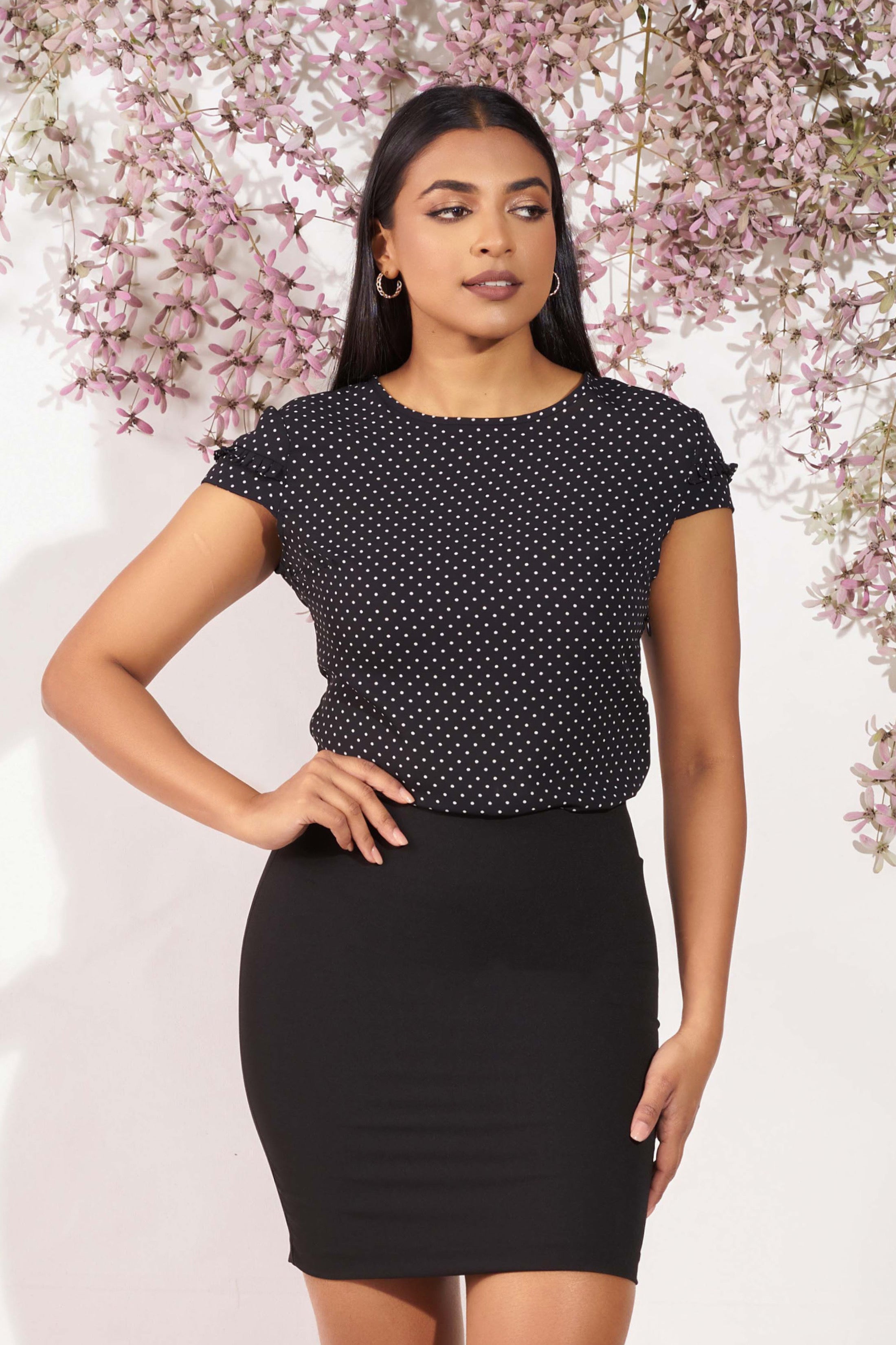 Polka Dot Slim Fit Top with Round Neck