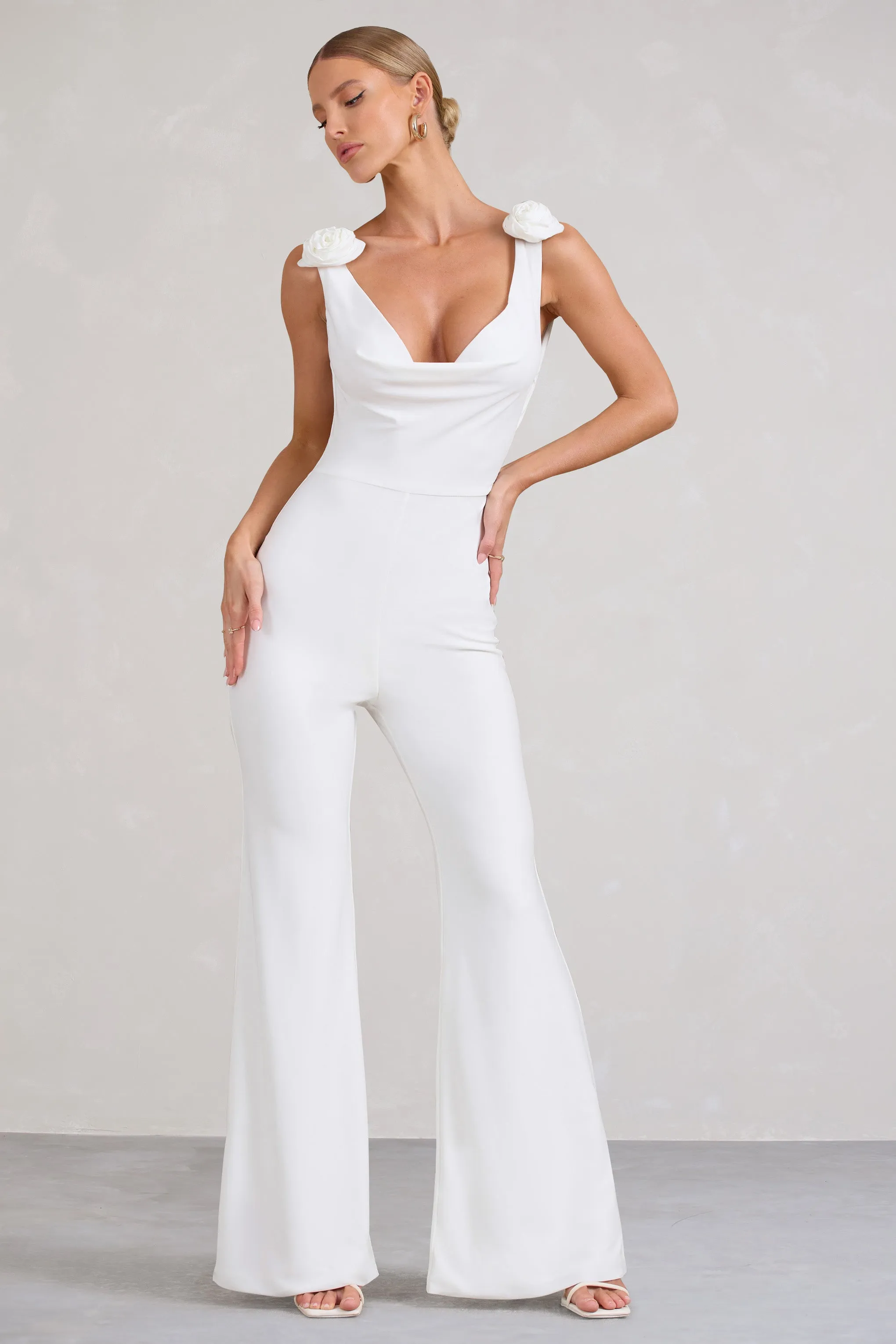 White Cowl-Neck Jumpsuit 'Posy' With Corsages And Lace Detail