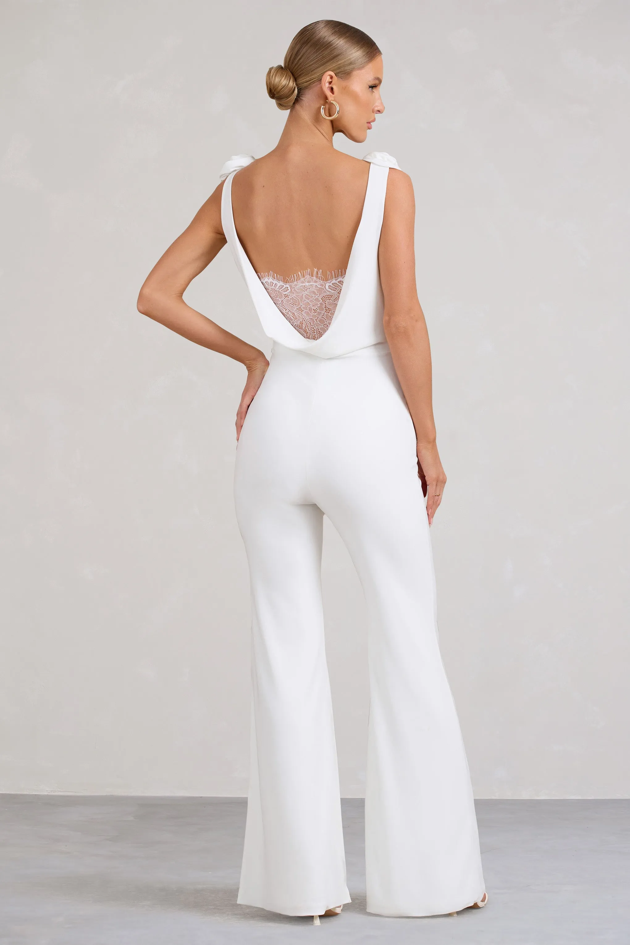 White Cowl-Neck Jumpsuit 'Posy' With Corsages And Lace Detail