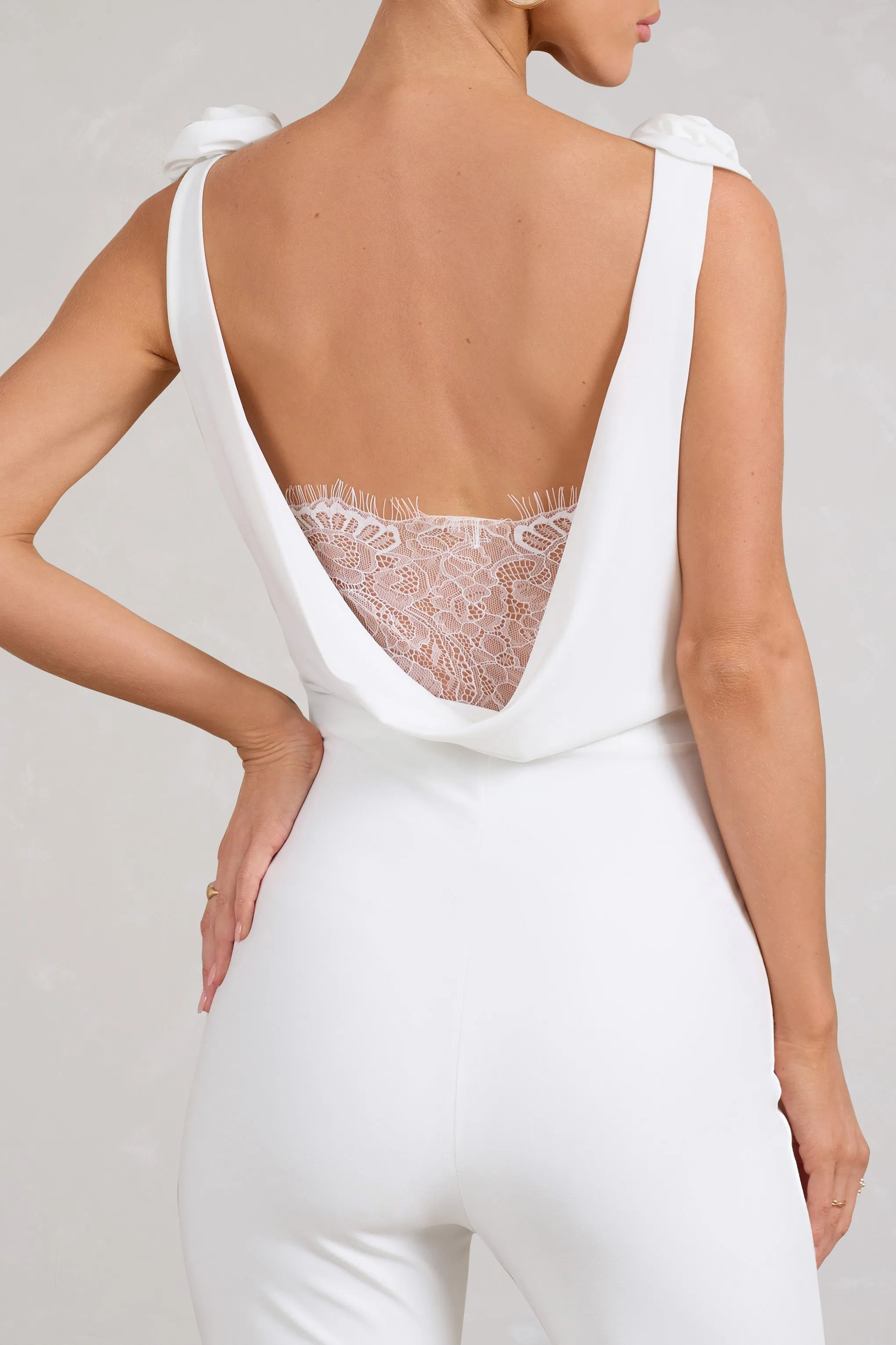 White Cowl-Neck Jumpsuit 'Posy' With Corsages And Lace Detail