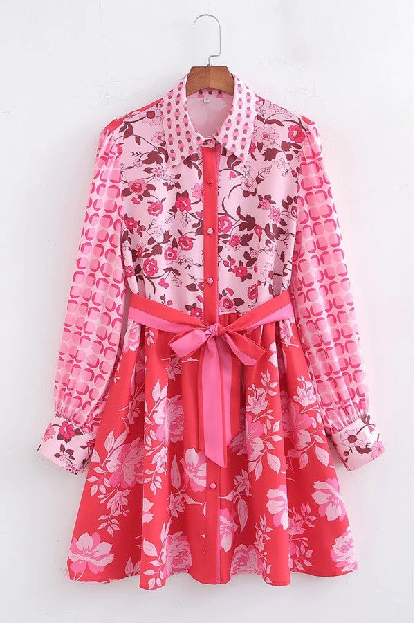 Printed Pink Long Sleeve Belted Shirt Dress