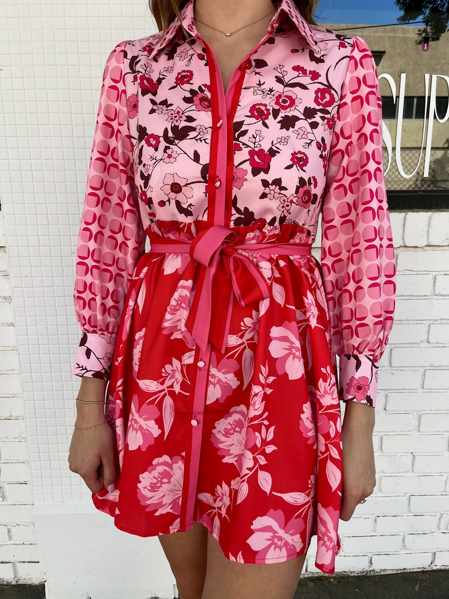 Printed Pink Long Sleeve Belted Shirt Dress