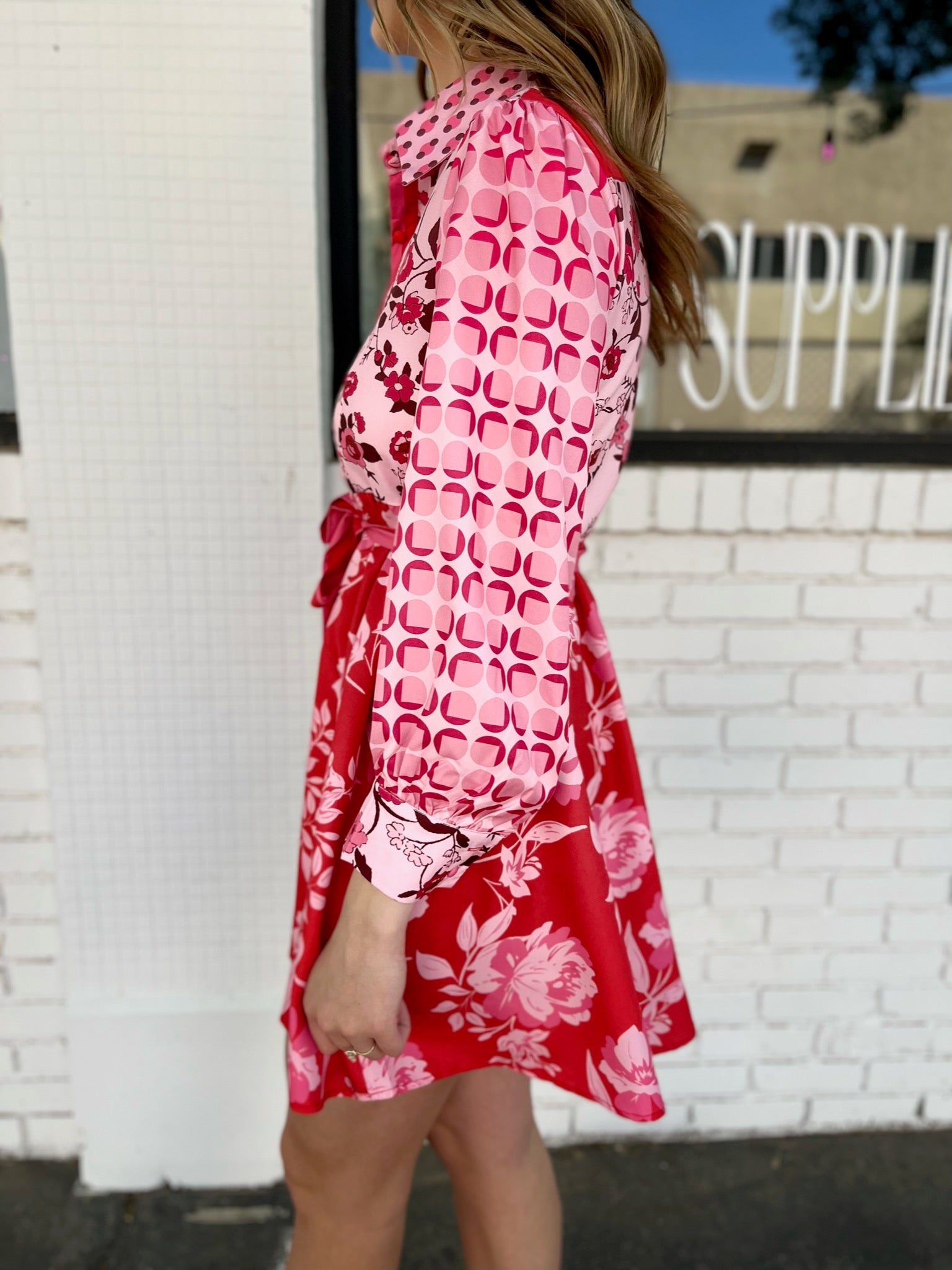 Printed Pink Long Sleeve Belted Shirt Dress