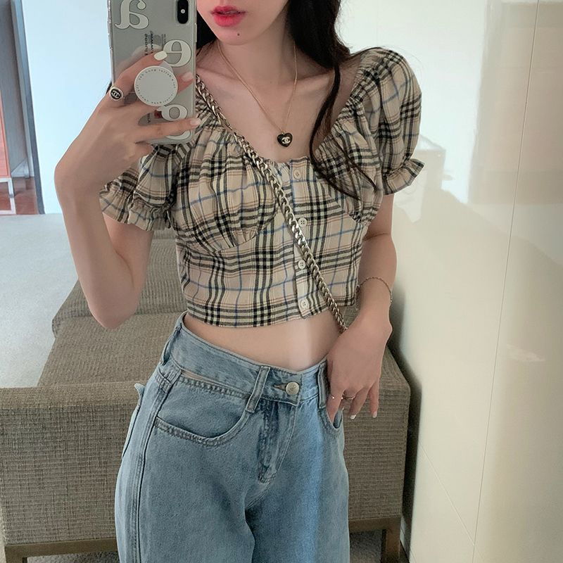 Puff Sleeve Plaid Crop Blouse